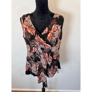 Voila! Petite Womens PXL Floral Faux Wrap V-Neck Sleeveless Blouse Black Coral